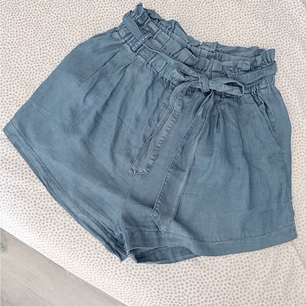 Blue High Waist Paper bag Shorts Size (Medium)